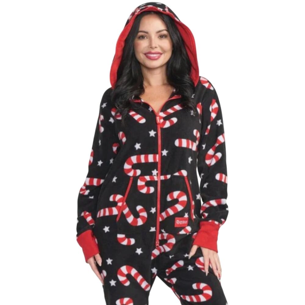 Tipsy Elves Holiday Candy Cane Lane Fleece Jumpsuit with Hood Lounge SZ M NWT